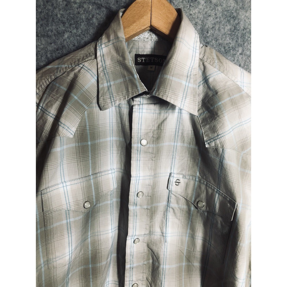 Stetson Shirt Mens Medium Tan Plaid Pearl Snap Western Cowboy Casual